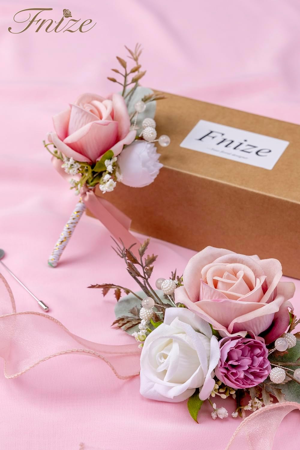 Fnize Pink Corsage and Boutonniere Set for Prom Homecoming Wedding Flower