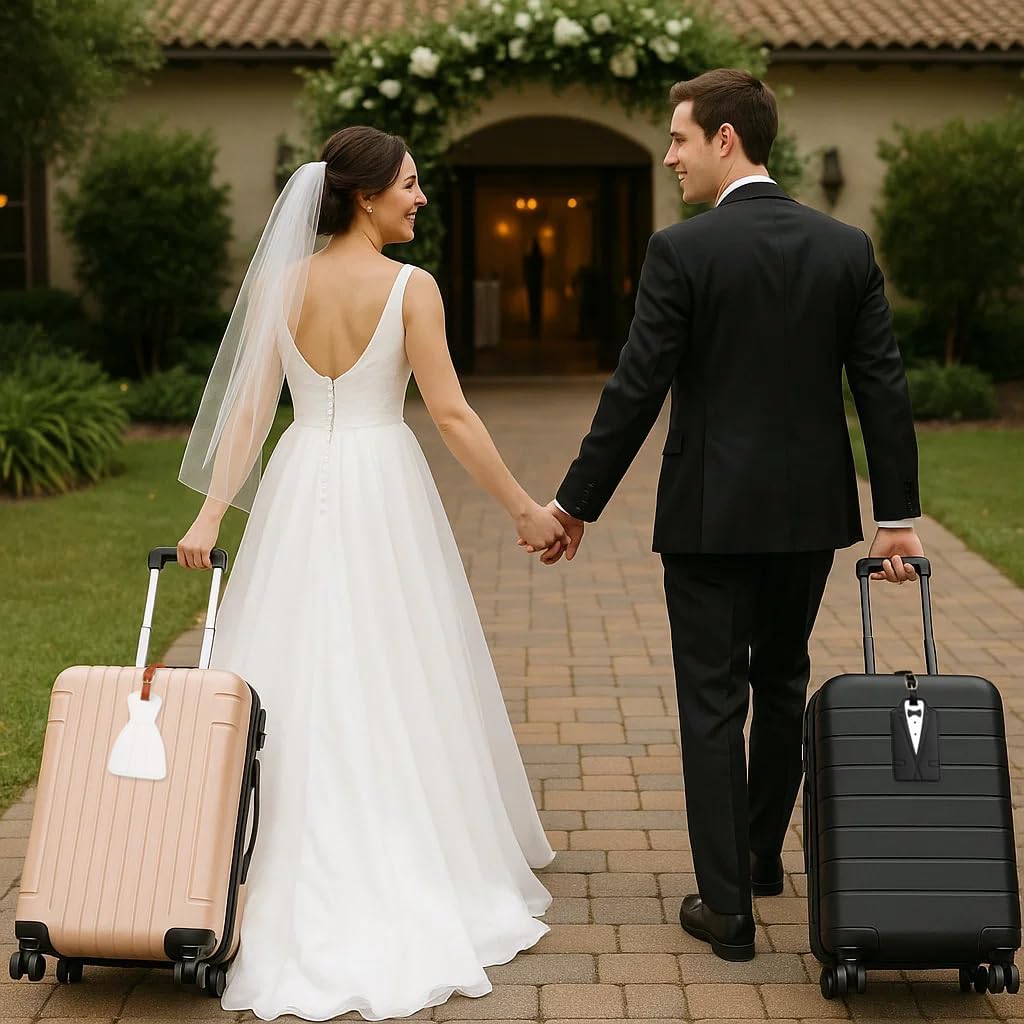 Luggage Tags for Couples, Bride & Groom Wedding Dress and Tuxedo Suitcase Tags, Luggage Tag for Honeymoon Travel, Bridal Showers, Weddings, Travel Accessories for Couples (Bride Groom Shape)