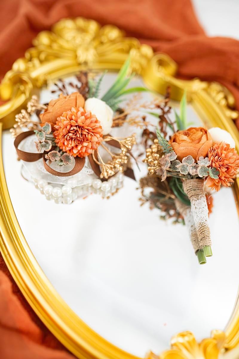Ansofi Terracotta Corsage and Boutonniere Set Artificial Rose Flower