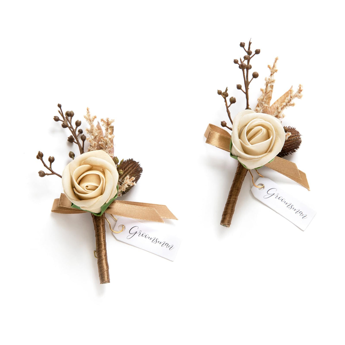 Ling's moment Boutonniere for Men, 2pcs, White Ivory