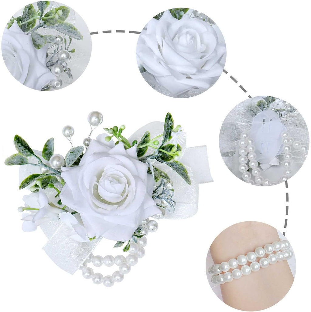 White Rose Wrist Corsages for Wedding Ceremony Anniversary, Wrist Corsages for Mother of Bride and Groom, Artificial Flowers Wrist Corsage for Bridesmaid Girl Party Prom