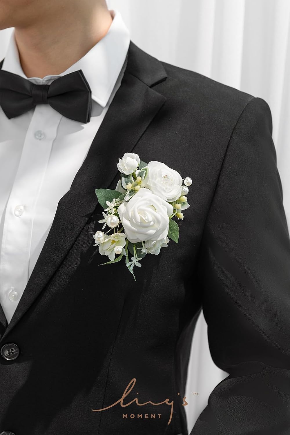 Ling's Moment Boutonniere for Men with Pin, White Ranunculus Ivory, 6"Wx5"H