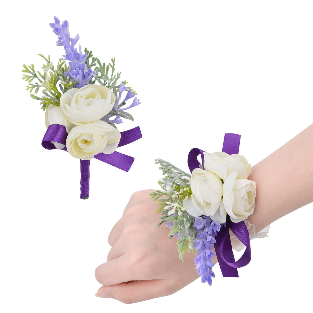 Wrist Corsage and Boutonniere Set, 1 Set Small Rose Purple Hand Flower for Prom Artificial Wedding Wrist Corsage for Wedding Party Prom