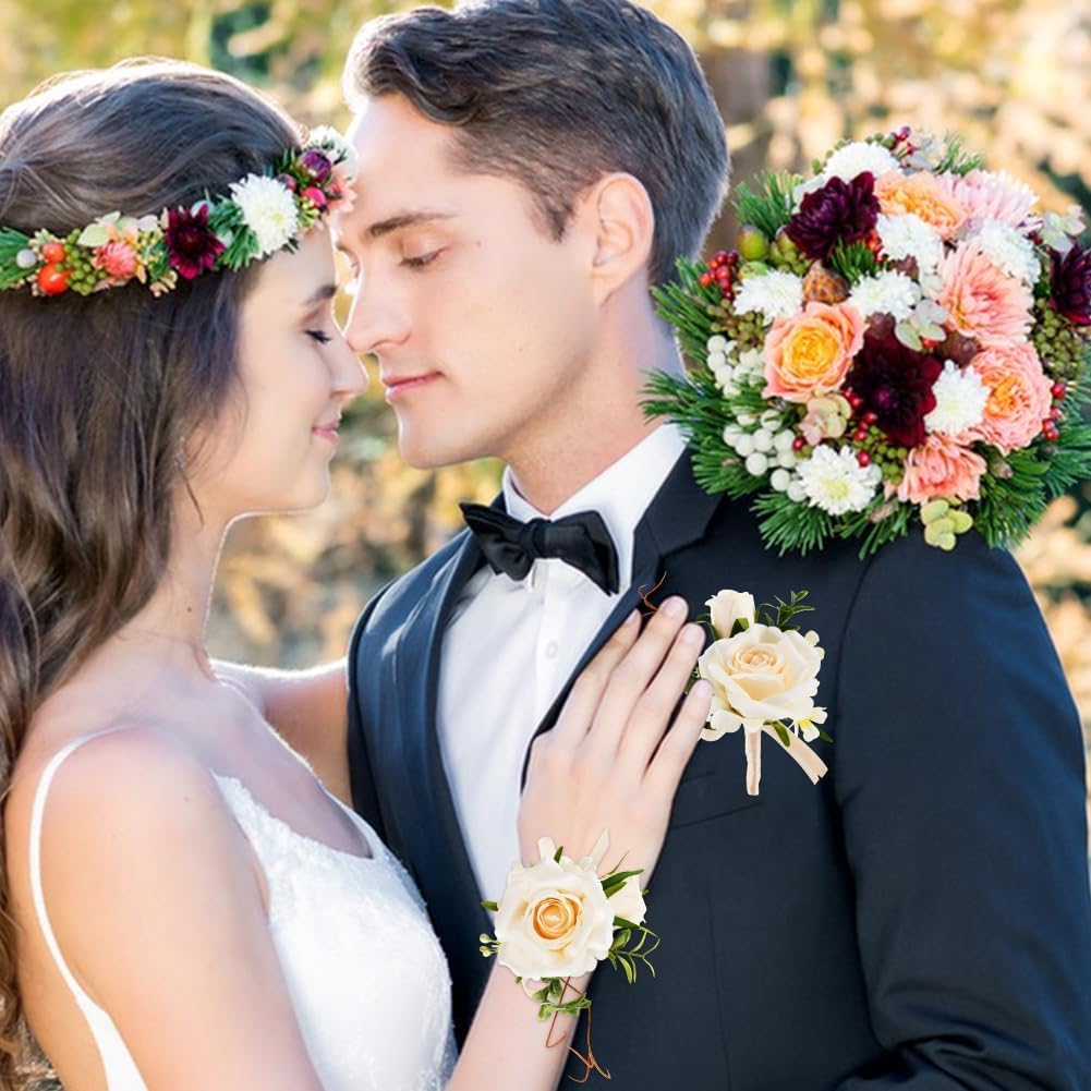 Wrist Corsage and Boutonniere Set for Wedding, Prom Suit Accessories