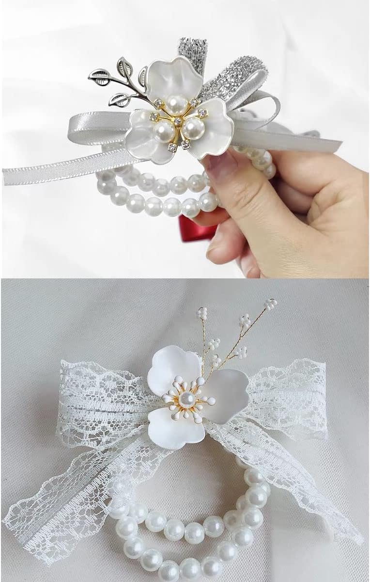 6PCS Pearl Wrist Corsage Bands Bride Elastic Pearl Wristband Corsage DIY Stretch Pearl Wedding Wrist Handmade Corsage Accessories for Wedding Party Bride Bridesmaid