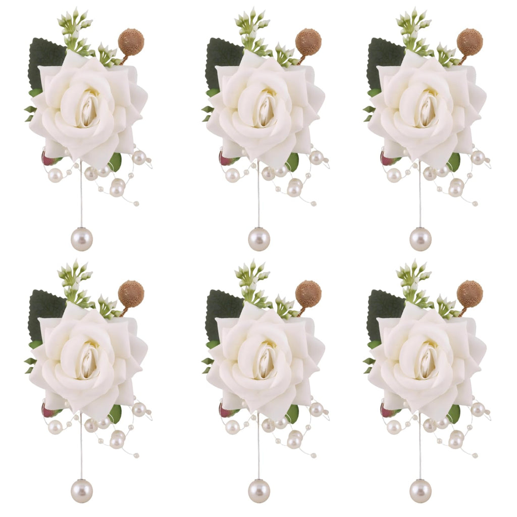 Wrist Corsages Set of 6 for Wedding Bridal Bride Bridesmaid Artificial Hand Flower Corsage Wristlet Band Homecoming Graduation Prom Party Ivory and Pink
