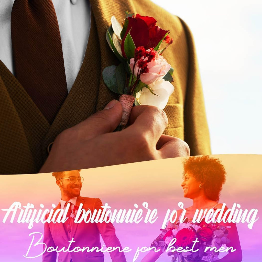 Wedding Flower Boutonniere Groom Rose Buttonholes Prom Suit Decoration for Men (White)