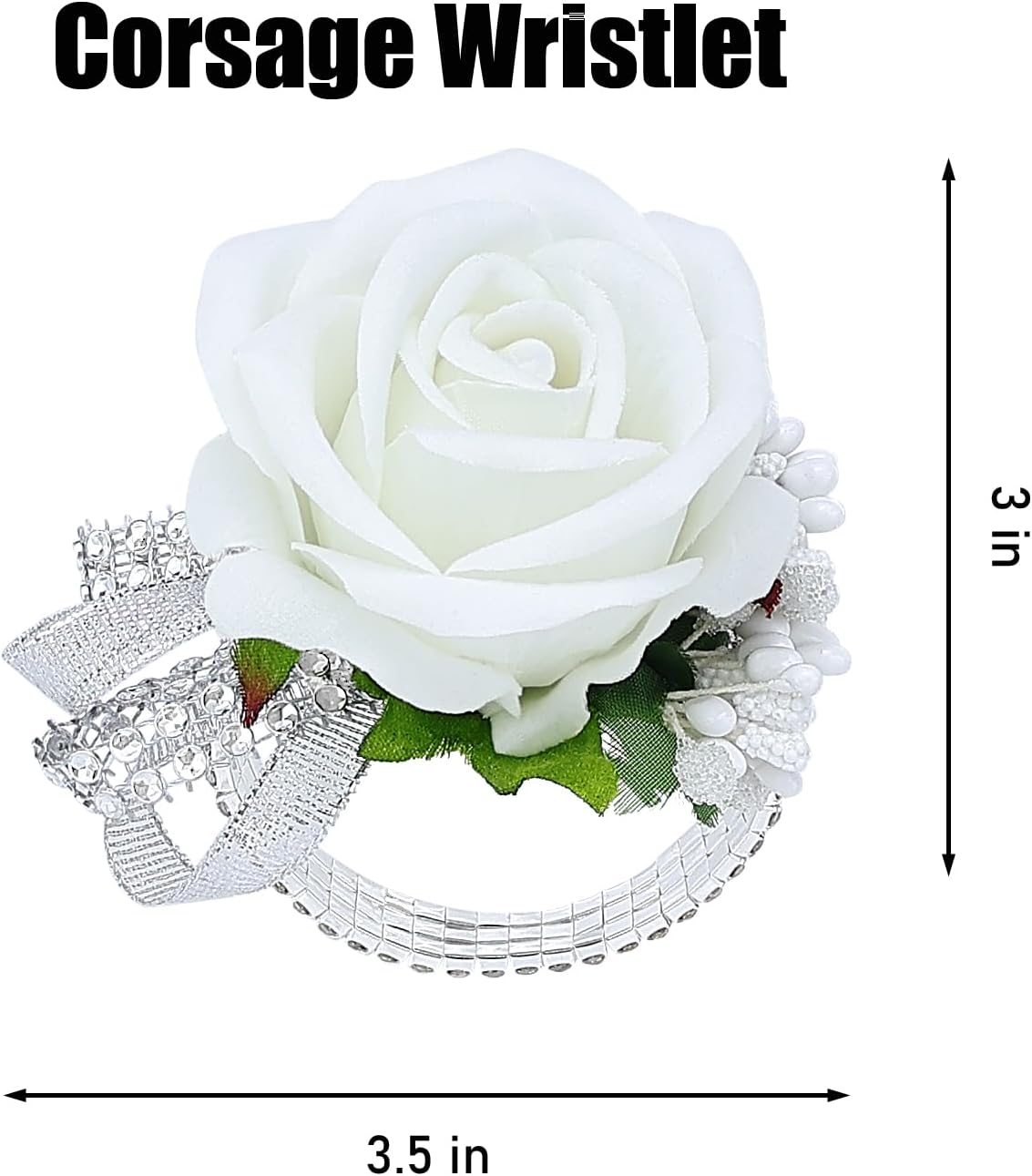 Set of 2 Wrist Corsage Wristlet for Wedding Prom Women Bride Bridesmaid Artificial Rose Flower Decorations Homecoming Anniversary Party (White)