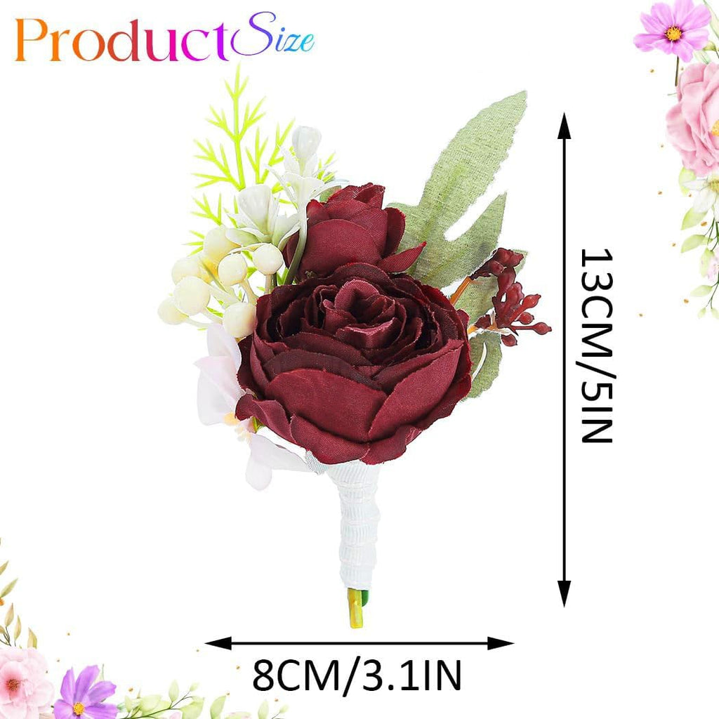 Bride Wedding Rose Boutonniere Groom Flower Buttonholes Prom Suit Decoration for Men and Groomsmans (Red)