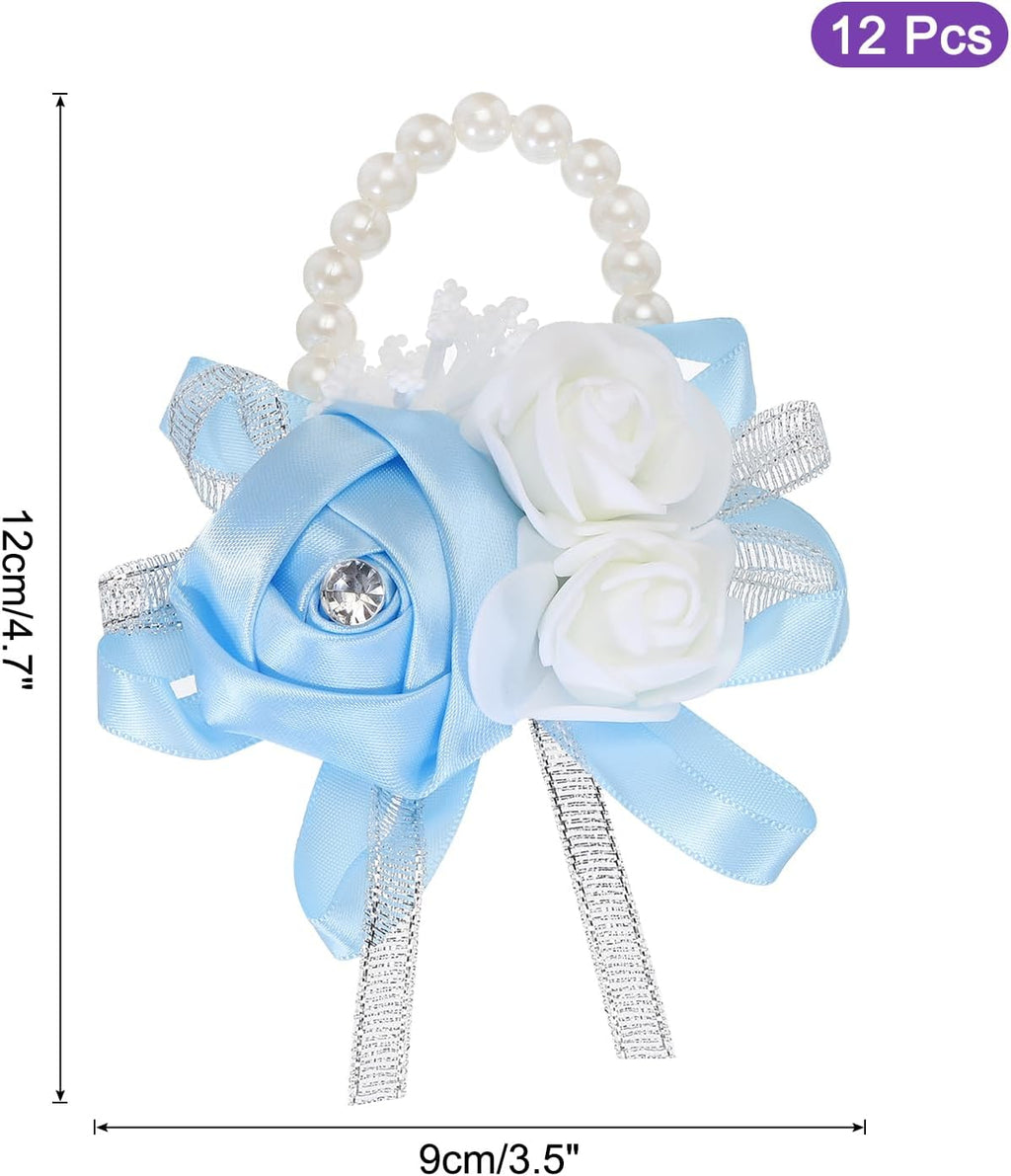MECCANIXITY 12Pcs Wrist Corsage Artificial Flower Bracelets Rose Wrist Bride Groom Decorative for Wedding Ceremony Prom Party Anniversary Sky Blue