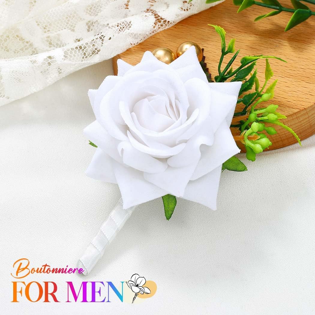 White Rose Boutonniere for Men Wedding Artificial Flower Boutonniere with Gold Beads for Groom Groomsmen Prom (White)