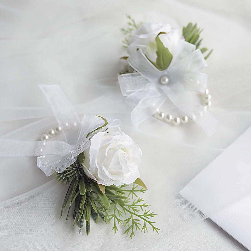 Floroom Ivory Rose Wrist Corsage Wristlet Band Bracelet and Men Boutonniere Set for White Wedding Flower Accessories Prom Suit Decorations