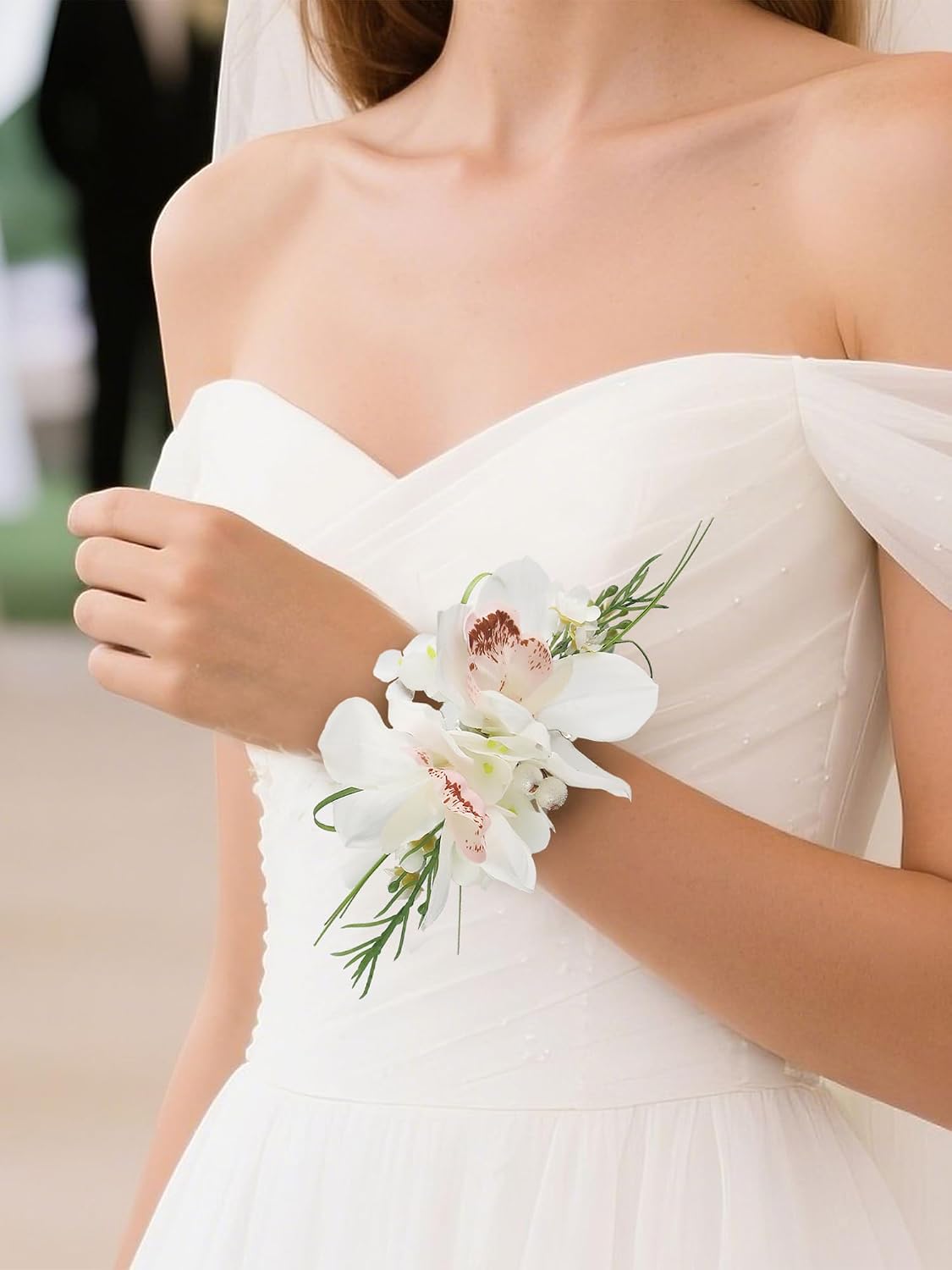 Rinlong 2Pcs White Orchid Wrist Corsage for Wedding, Prom, Homecoming