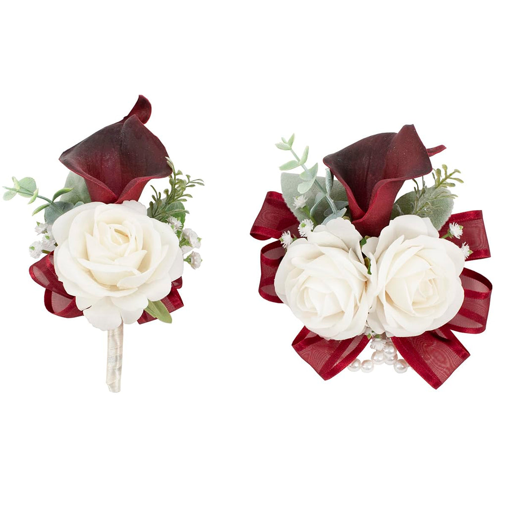 Black Burgundy Corsage and Boutonniere Set for Wedding Prom