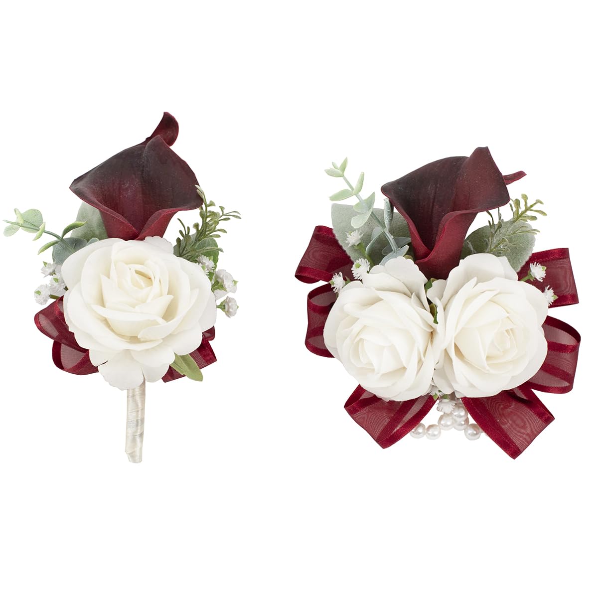 Black Burgundy Corsage and Boutonniere Set for Wedding Prom