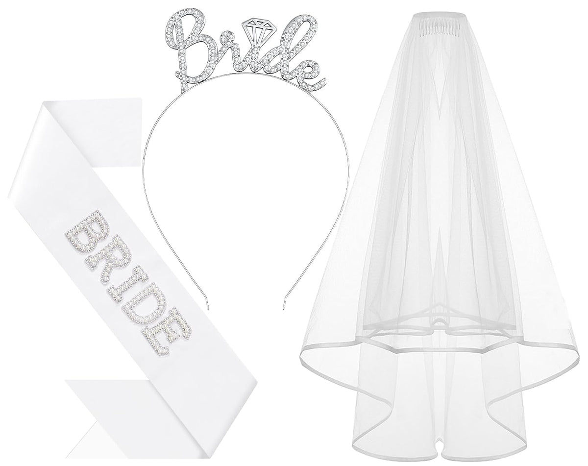 3Pcs Bride to Be Headband with Sash and Veil for Bachelorette Party
