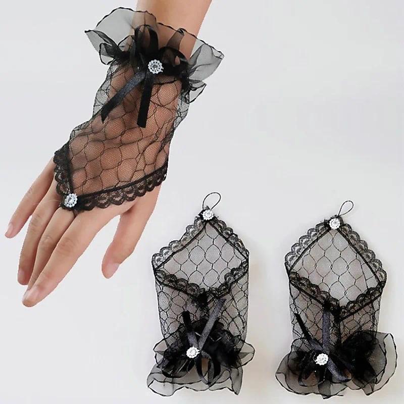 Womens' Wedding Gloves Fingerless Rhinestone Lace for Brides and Bridesmaids Bow White Black Red