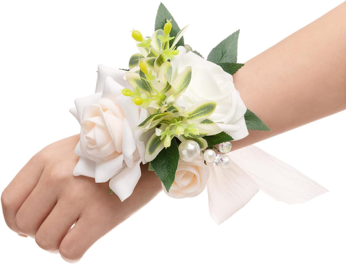 Ling's moment Corsage Wristlet, Prom Wrist Decor, White Ivory, 2pcs