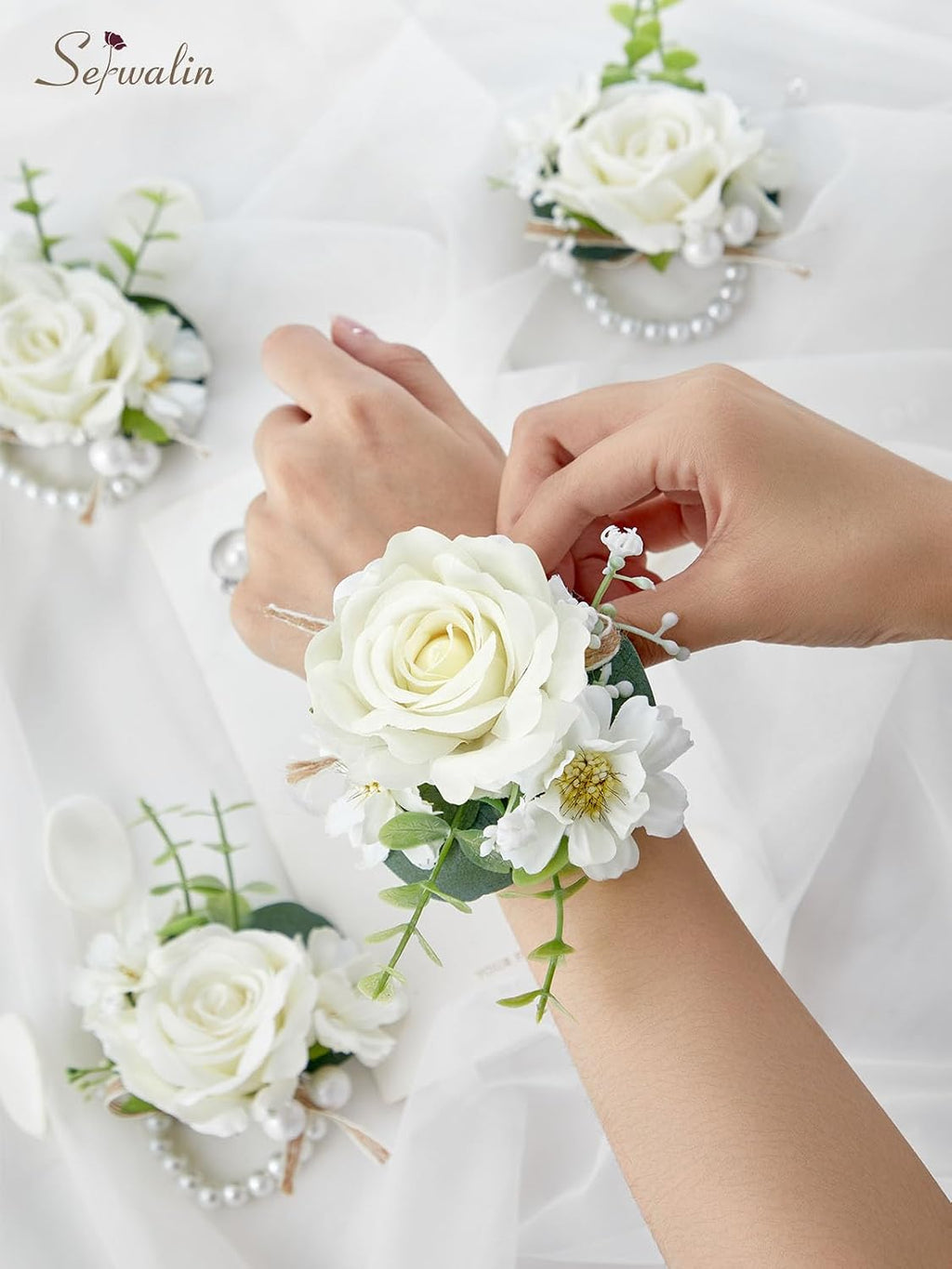 Serwalin Ivory White Rose Corsage and Boutonniere Set for Wedding Prom