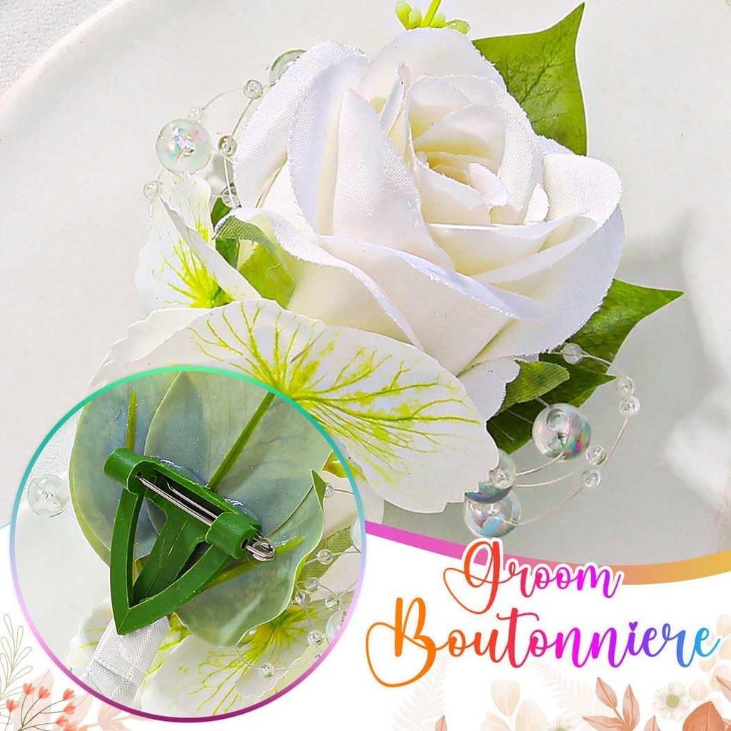 Wedding Flower Boutonniere Groom Rose Buttonholes Prom Suit Decoration for Men (White)