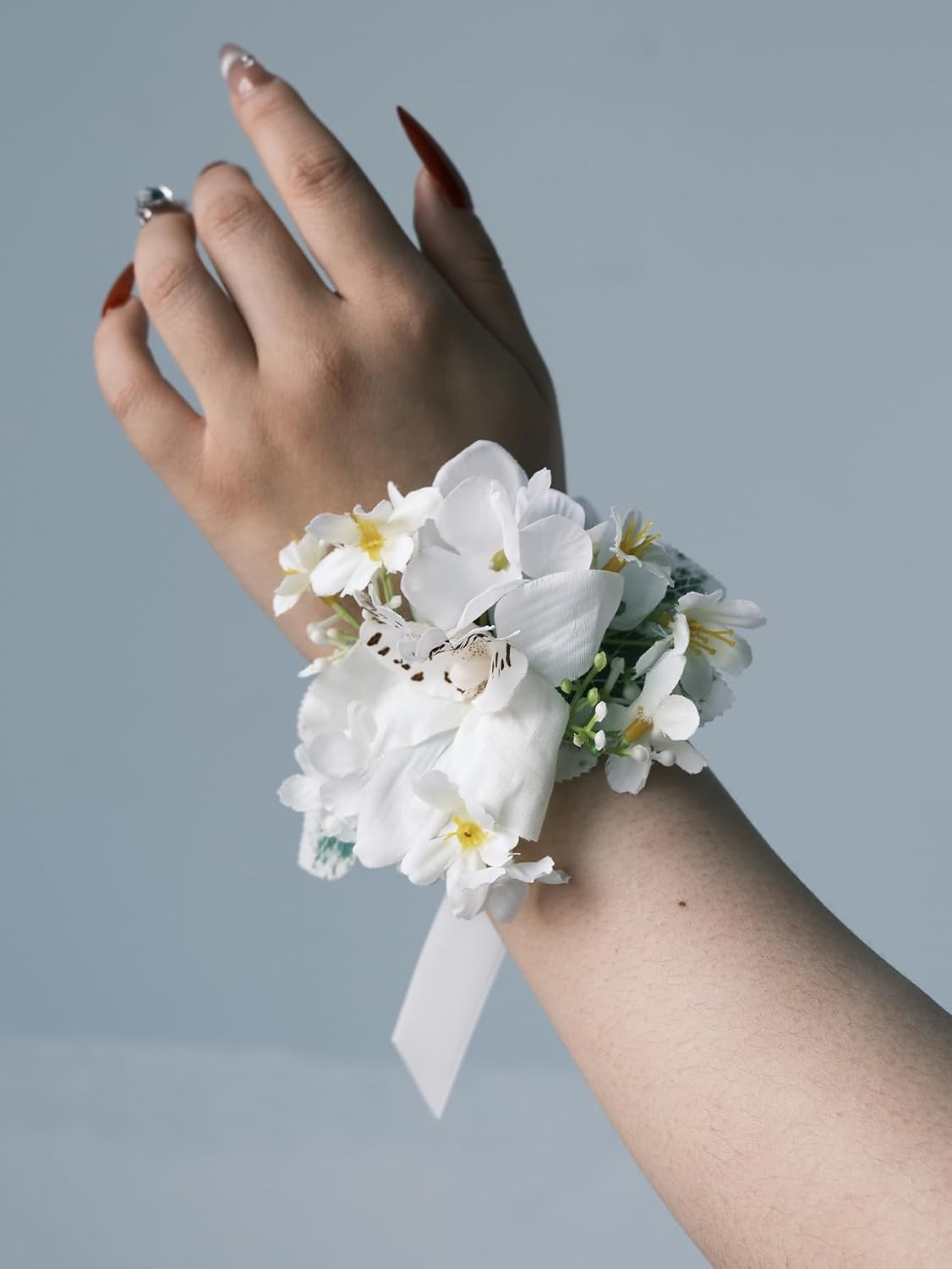 White Rose Wrist Corsage and Boutonniere Set with Ribbon Ties Wedding Prom Formal Accessories (White Style 3)