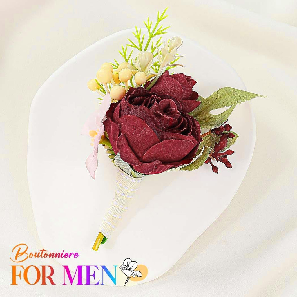 Bride Wedding Rose Boutonniere Groom Flower Buttonholes Prom Suit Decoration for Men and Groomsmans (Red)