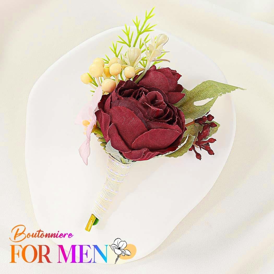 Bride Wedding Rose Boutonniere Groom Flower Buttonholes Prom Suit Decoration for Men and Groomsmans (Red)