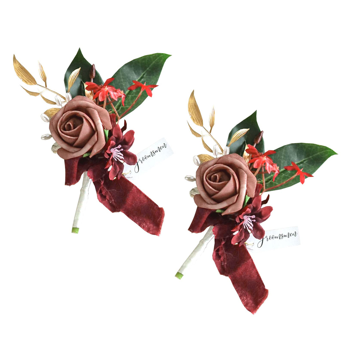 Lookein Set of 2 Wedding Boutonniere for Men Artificial Flowers Wedding Groom Groomsmen Boutonniere for Wedding Ceremony Anniversary Formal Dinner Party, Dusty Rose