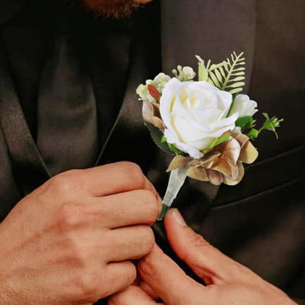 Wedding Flower Boutonniere White Groom Rose Buttonholes Men's Boutineer Party Suit Decoration Prom Anniversary Accessories for Groomsmans and Man (White)