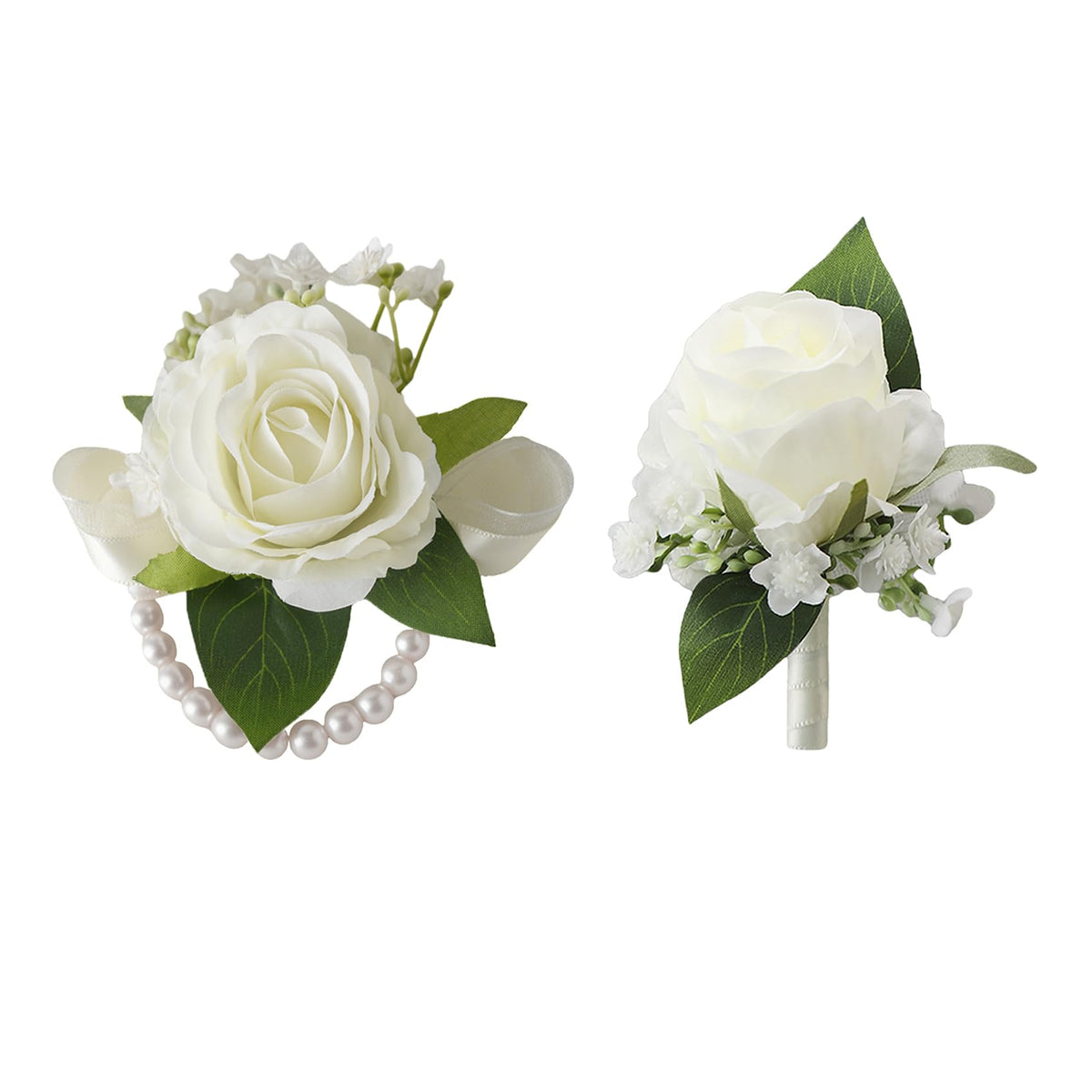 6Pcs Ivory White Faux Rose Wrist Corsages for Wedding, Dance Party