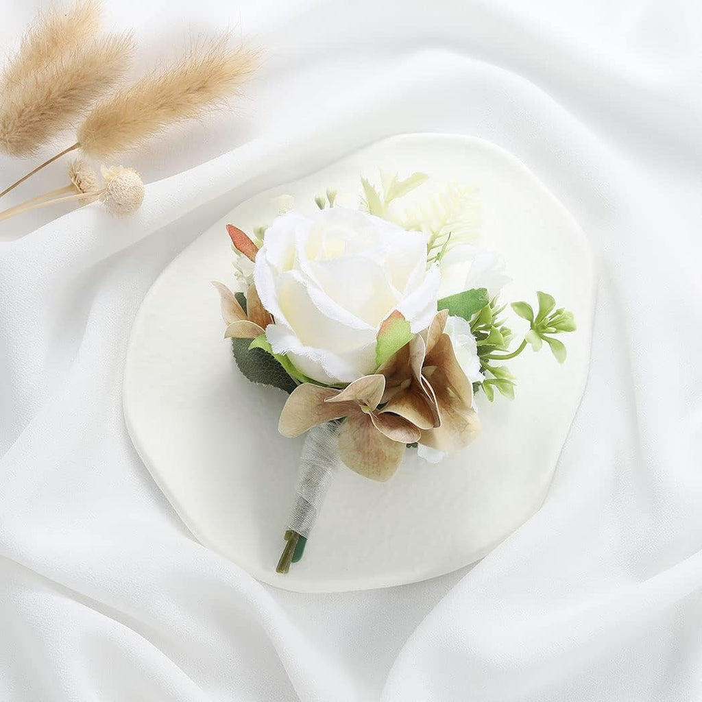 Wedding Flower Boutonniere White Groom Rose Buttonholes Men's Boutineer Party Suit Decoration Prom Anniversary Accessories for Groomsmans and Man (White)
