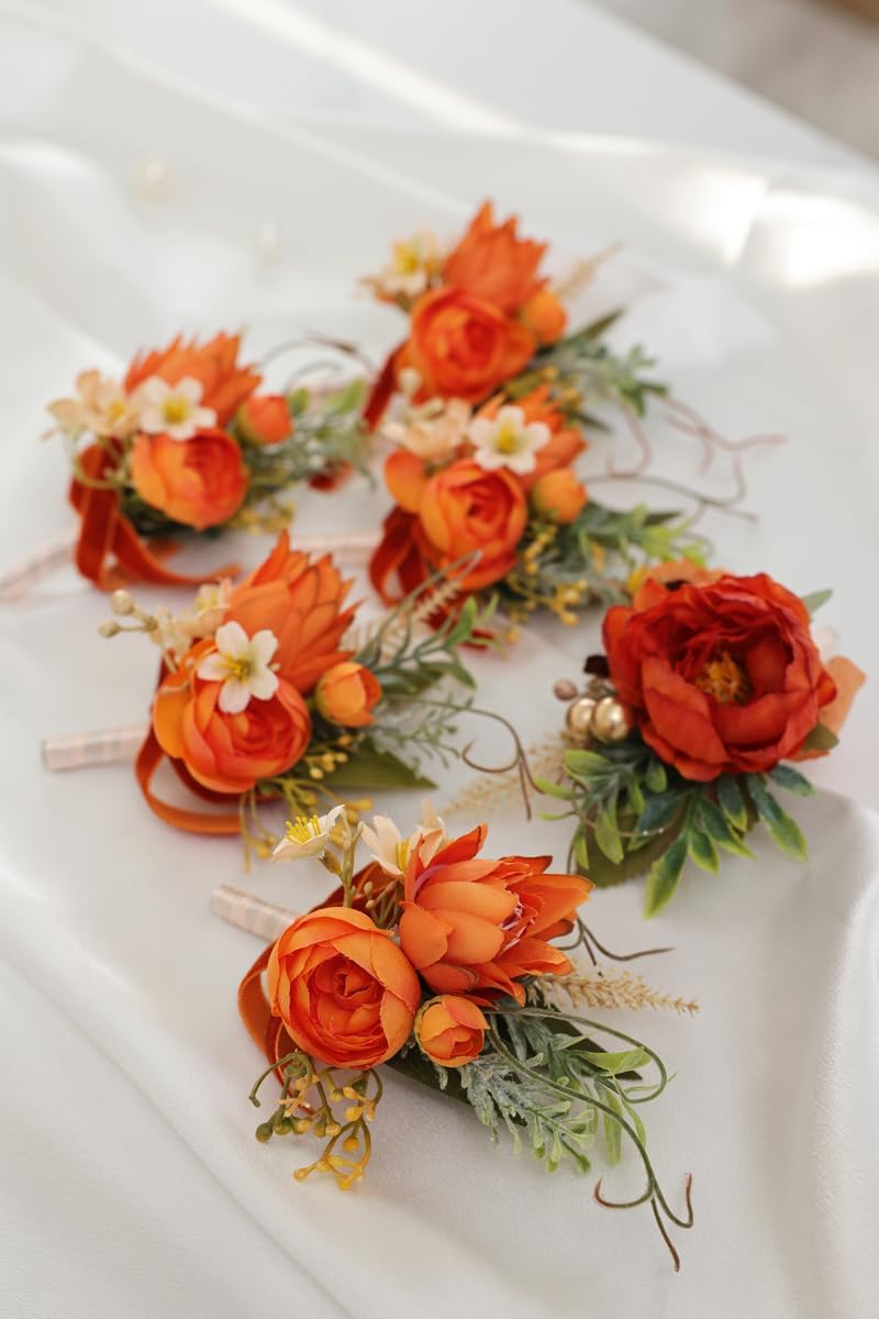 Autumn Caramel Orange Wedding Corsage Set, 6 Pieces, Groom's Boutonniere, Best Man's, Guest Corsages