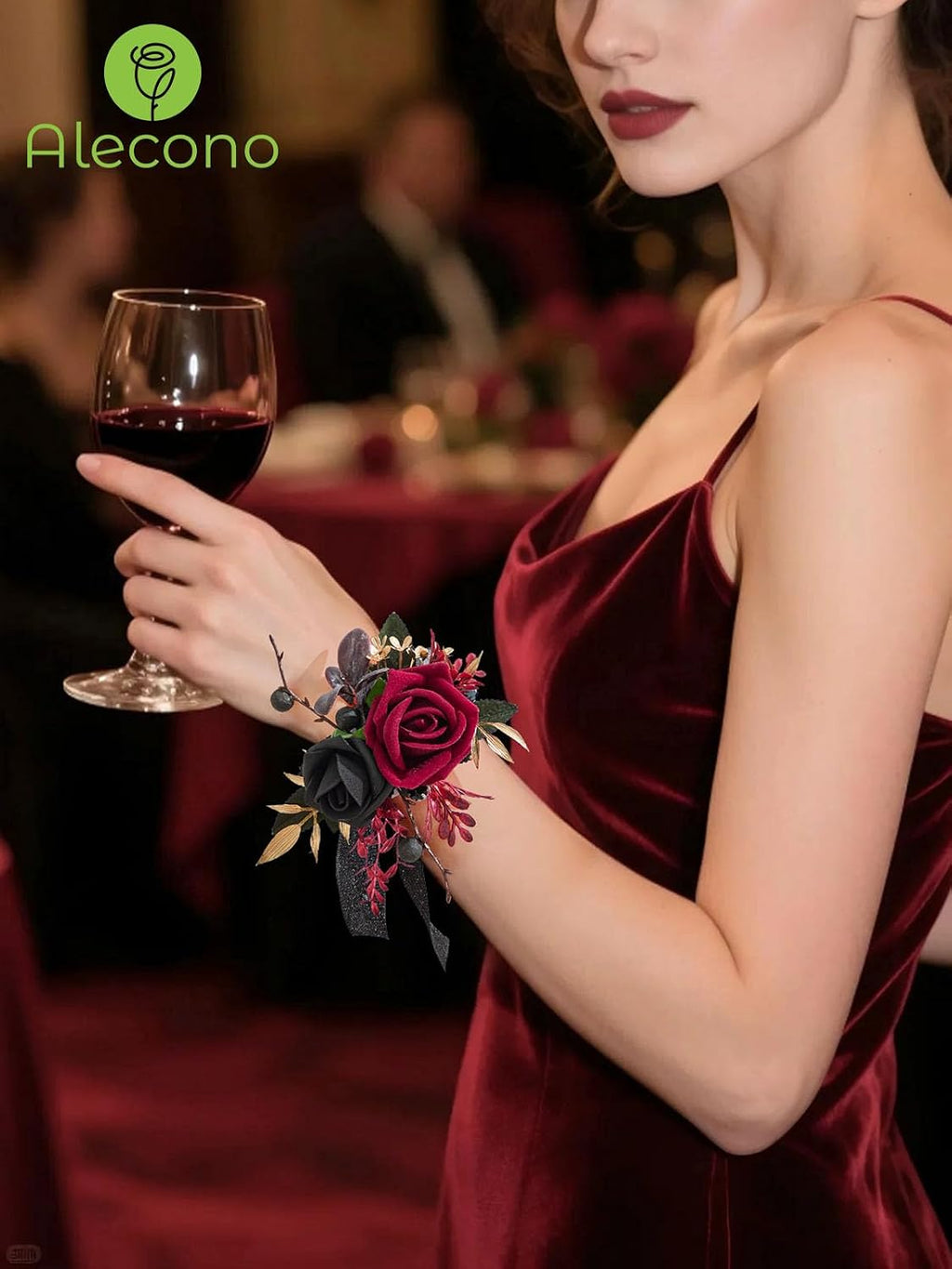 Alecono Burgundy Corsage and Boutonniere Set Red Black Rose Wristlet