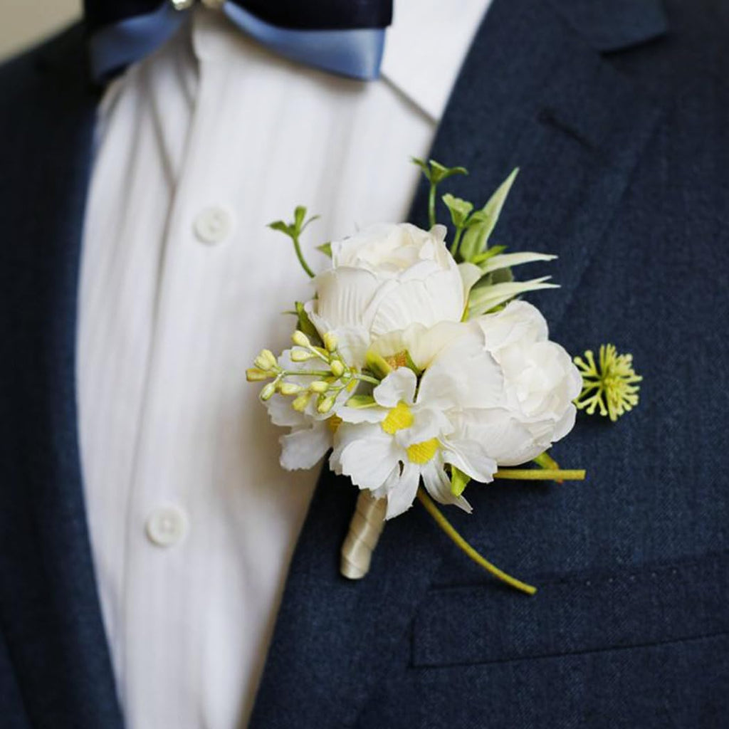 Wedding Rose Boutonniere Groom Flower Buttonholes Prom Suit Decoration for Men (White)