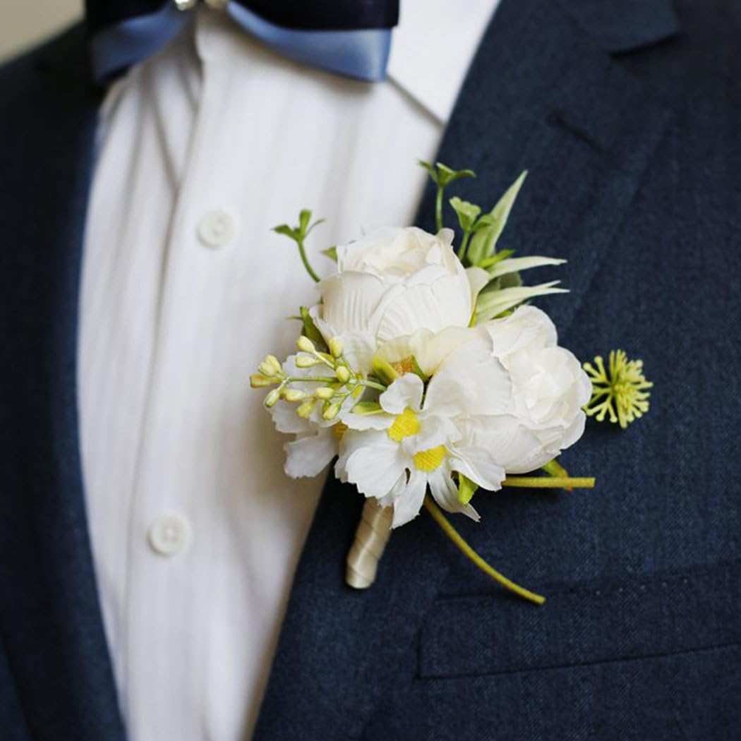 Wedding Rose Boutonniere Groom Flower Buttonholes Prom Suit Decoration for Men (White)
