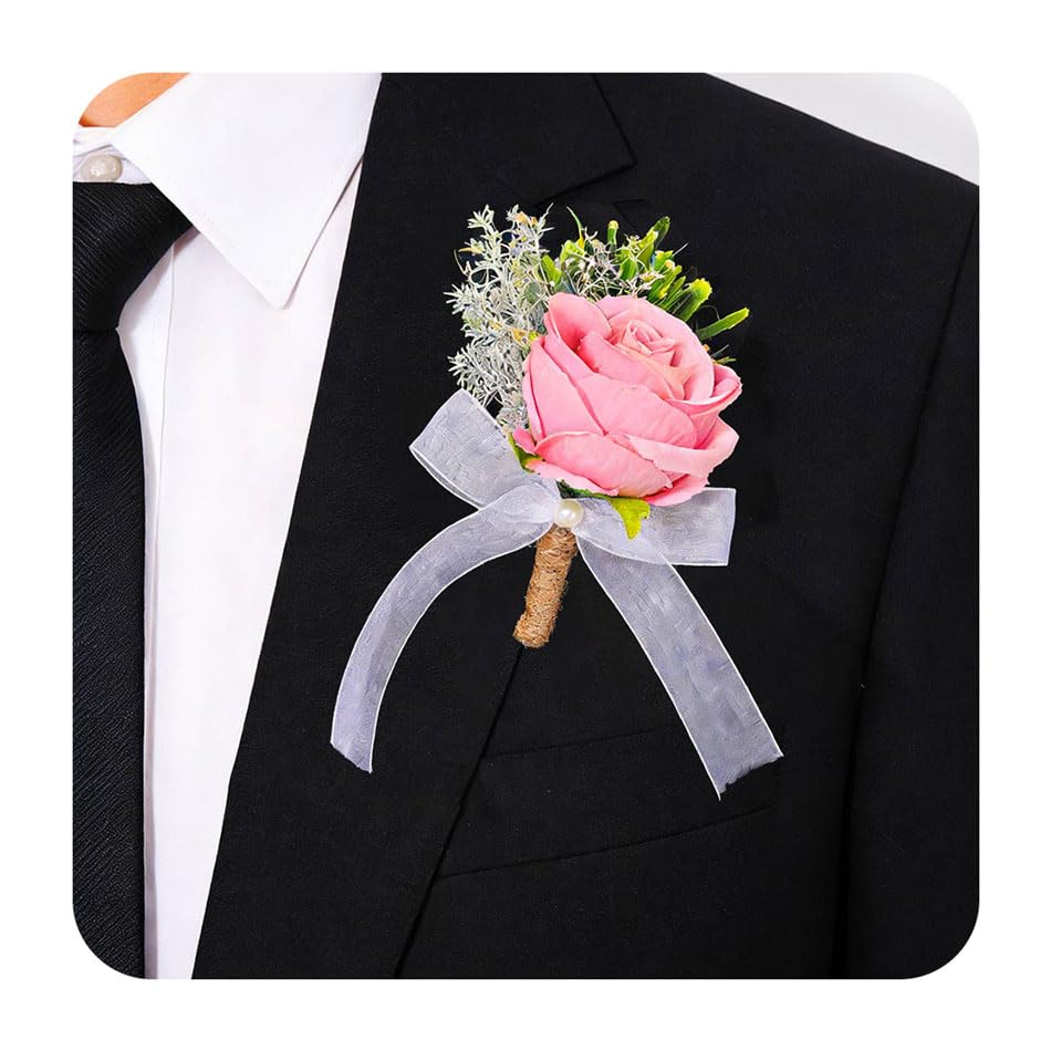 Wedding Rose Boutonniere White Groom Flower Men's Boutineer Prom Buttonholes Party Suit Decor Anniversary Accessories for Bridegroom and Man (A- White)