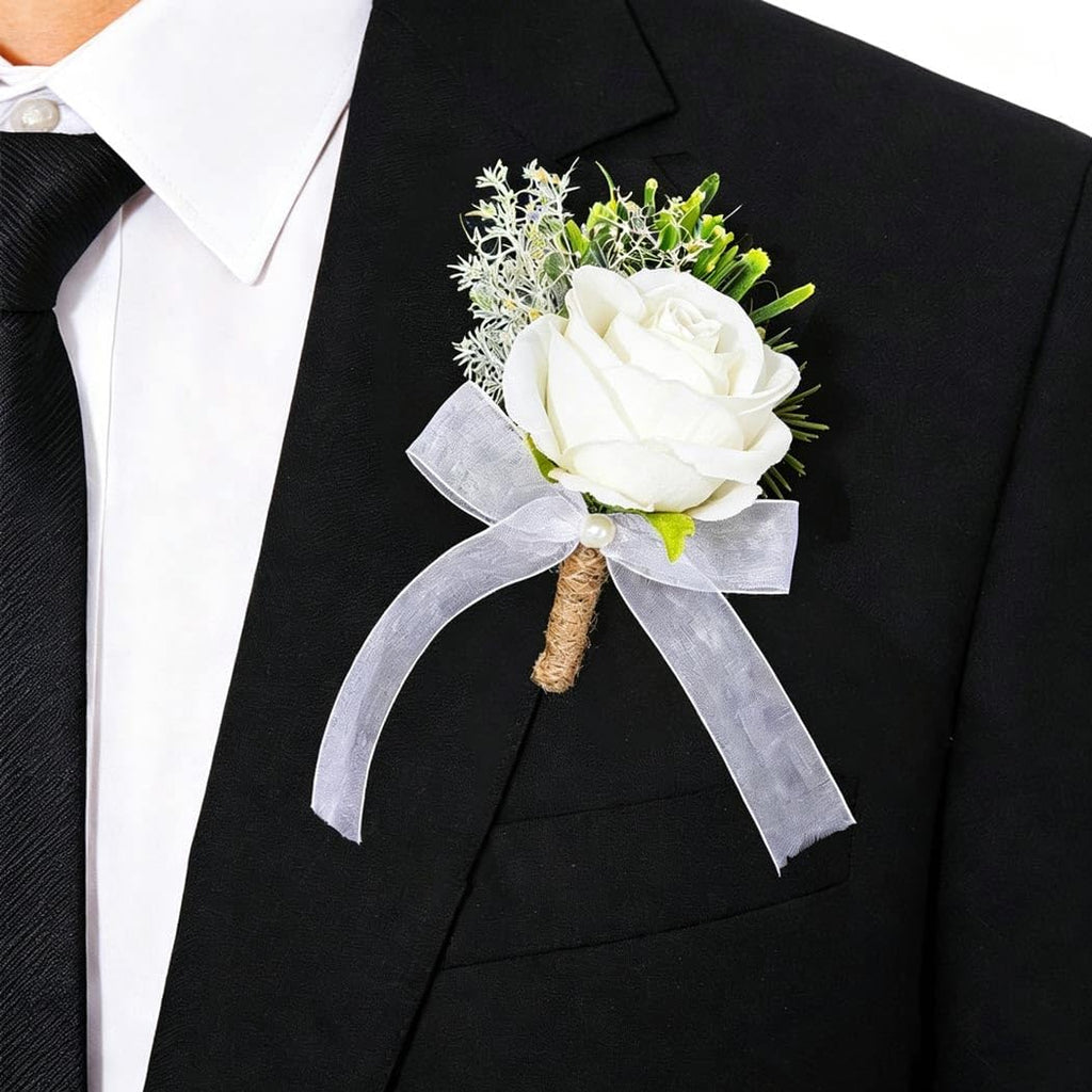 Wedding Rose Boutonniere White Groom Flower Men's Boutineer Prom Buttonholes Party Suit Decor Anniversary Accessories for Bridegroom and Man (A- White)