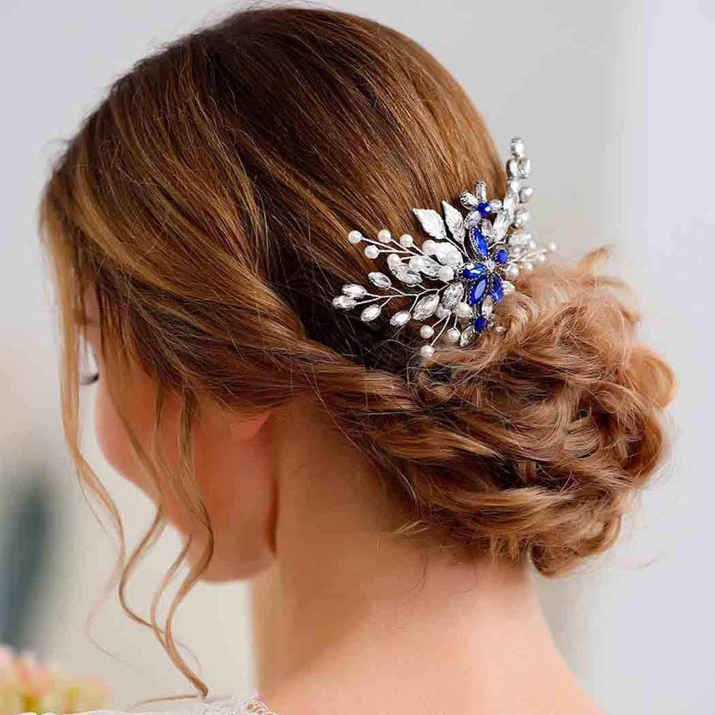 Olbye Wedding Hair Comb Blue Rhinestone Bridal Hair Accessories for Bride and Bridesmaids Wedding Hair Piece Silver