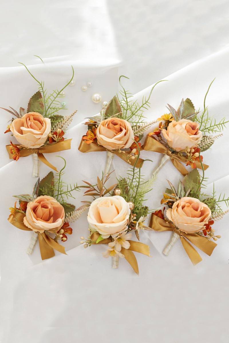 Autumn Caramel Orange Wedding Corsage Set, 6 Pieces, Groom's Boutonniere, Best Man's, Guest Corsages