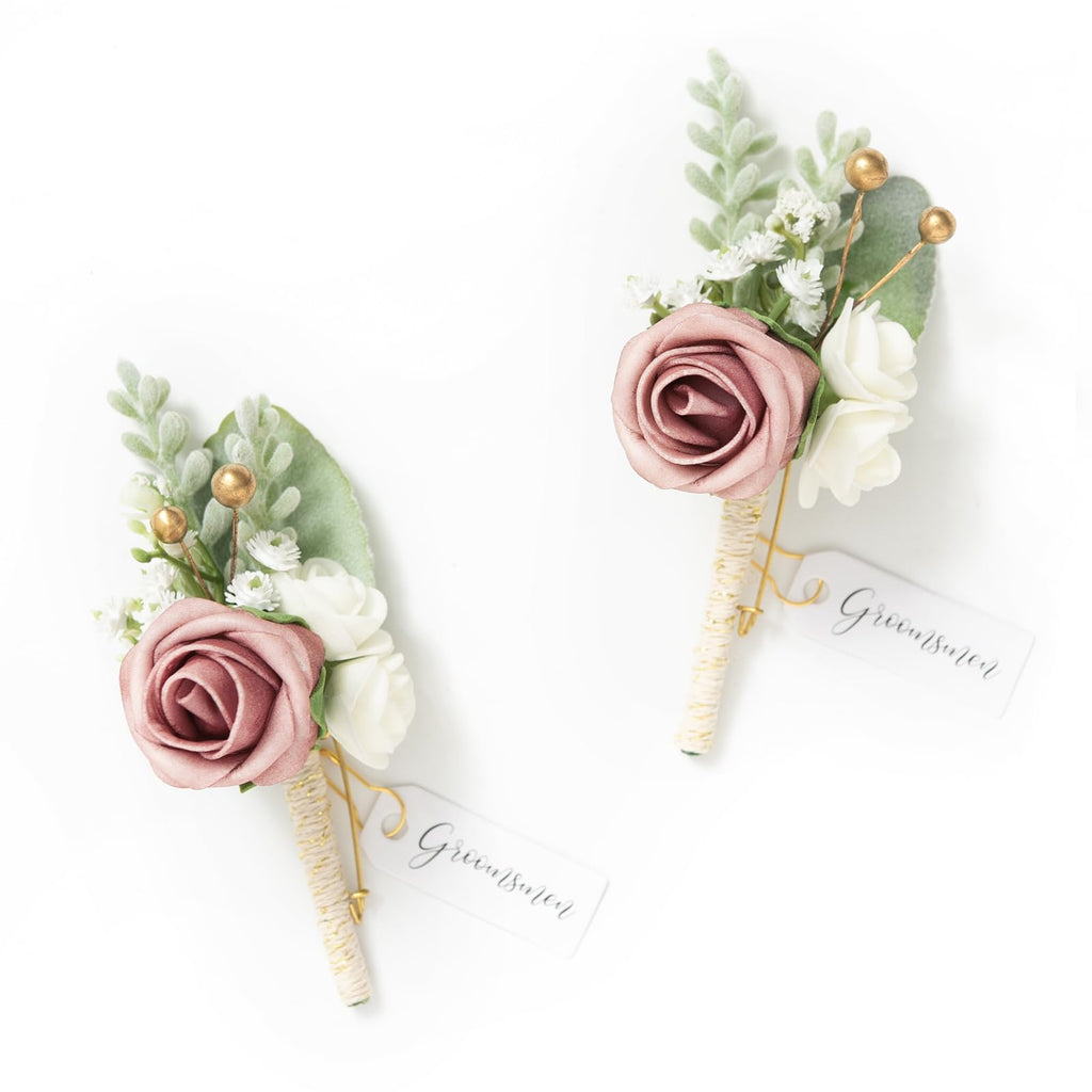 Ling's moment Boutonniere for Men, 2pcs, White Ivory
