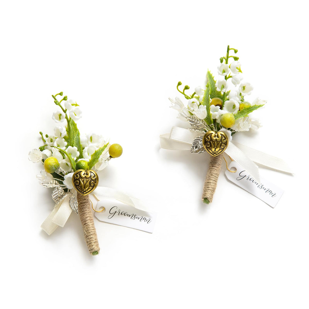 Ling's moment Boutonniere for Men, 2pcs, White Ivory
