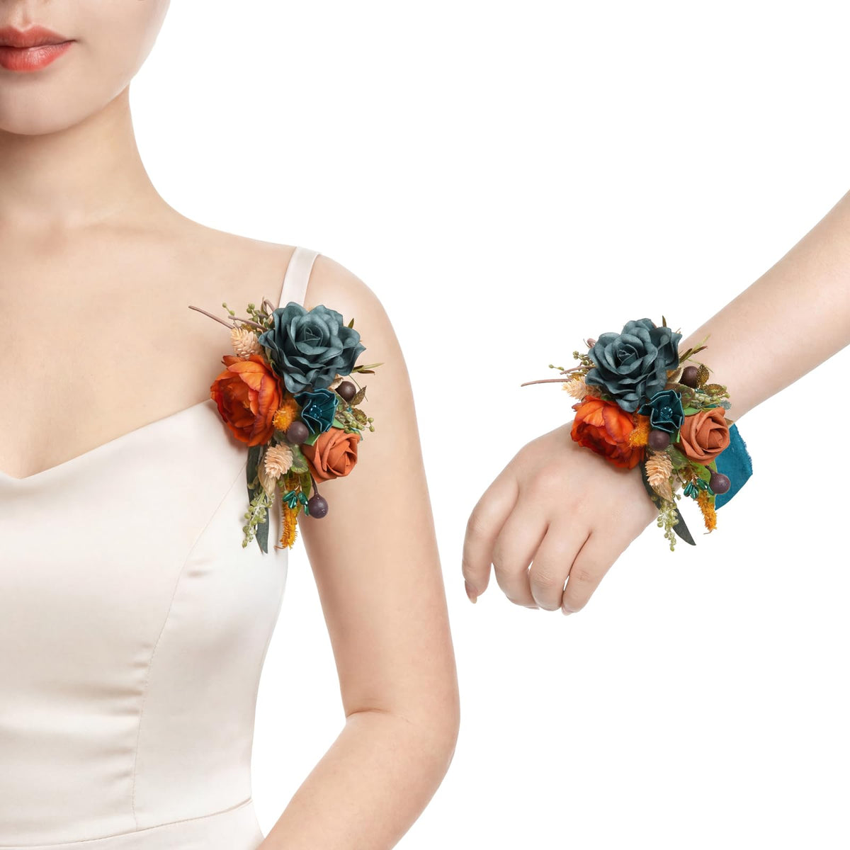 Ling's moment 2pcs Prom Wrist/Shoulder Corsage, Fall Terracotta