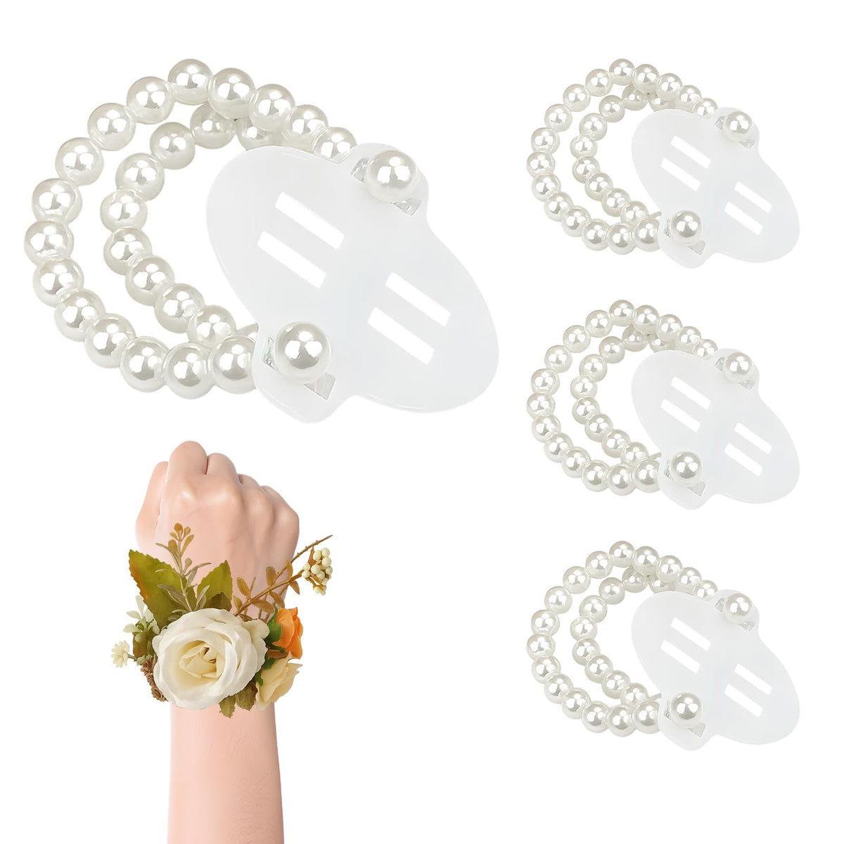 Corsage Wristlet,Elastic Double-Strand Pearl Corsage Wristlet Band for Women,Wrist Corsage Bracelets for Wedding Party Decorations,Graduation Party,DIY Handmade Flower Supplies
