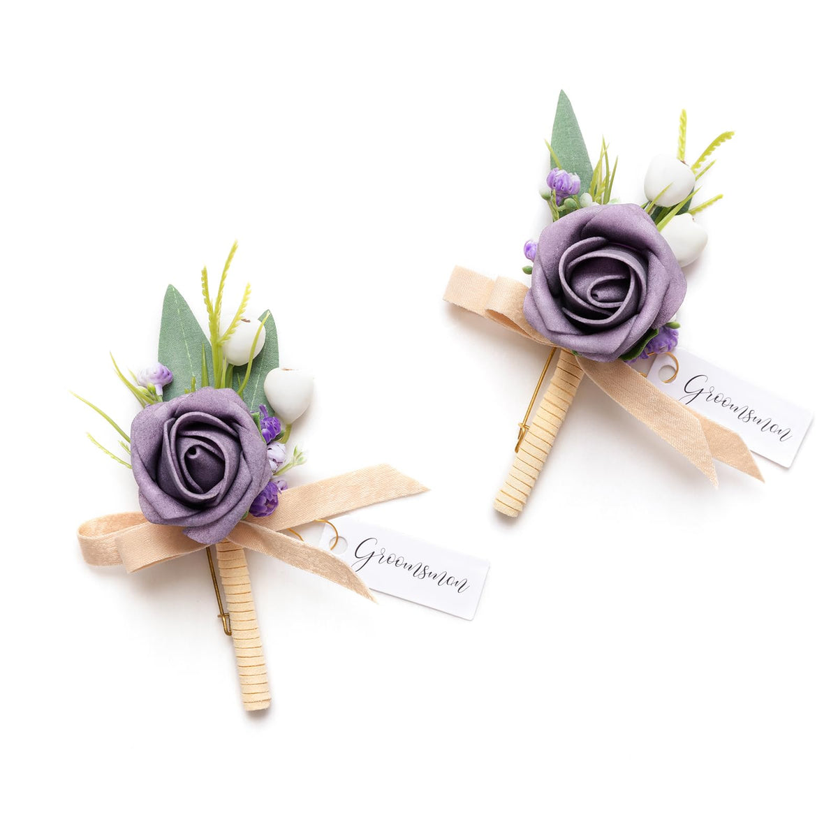 Ling's moment Boutonniere for Men, 2pcs, White Ivory
