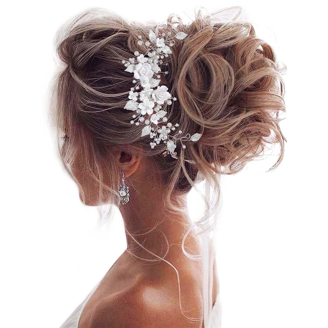 Unicra Flower Bride Wedding Hair Vine Pearl Bridal Hair Piece Leaf Hair Accessories Rhinestone Headband for Women (9inches) (Silver)