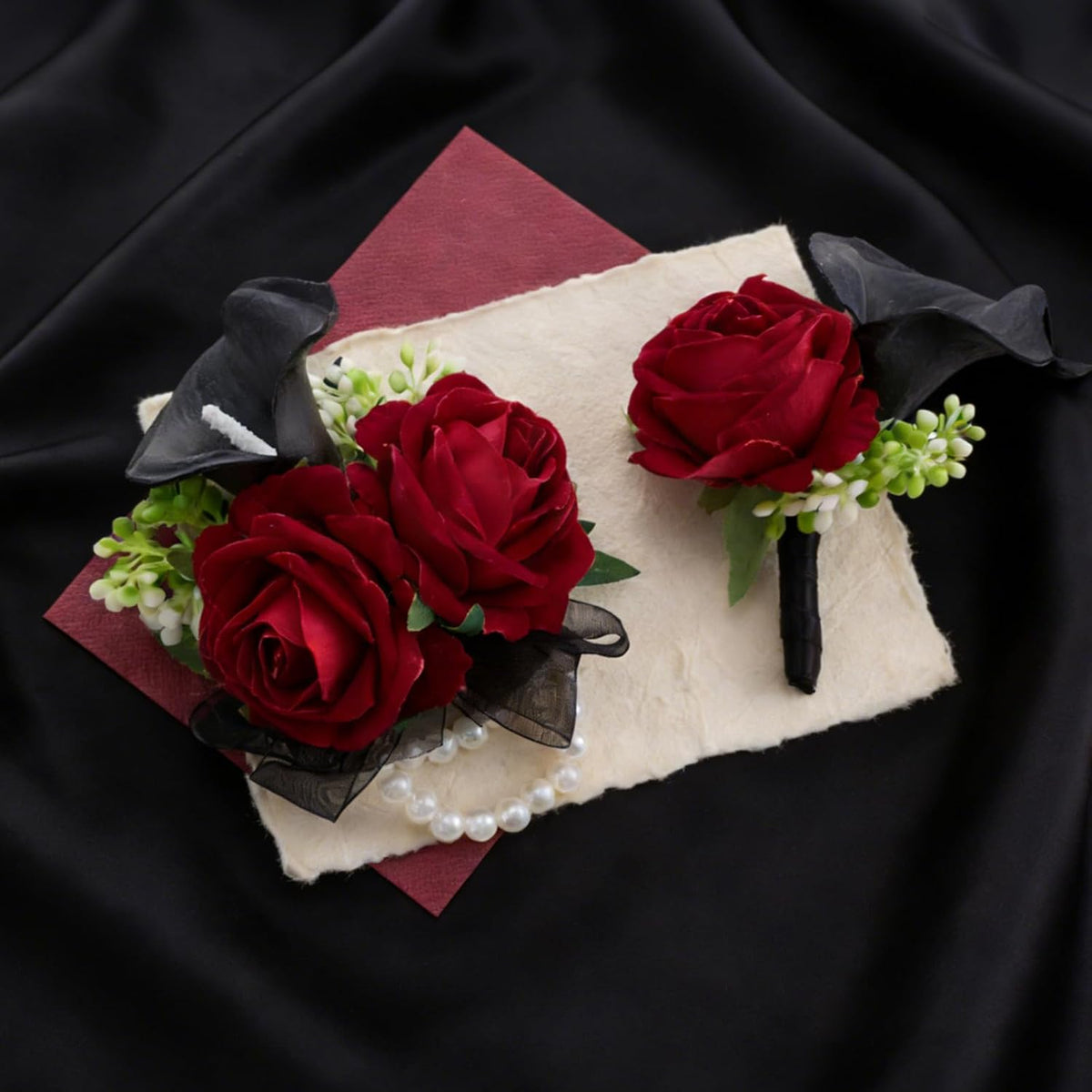Red Rose Wrist Corsage Wristlet Band Bracelet and Boutonniere Set for Men Women Red Wedding Flower Prom Suit Accessories