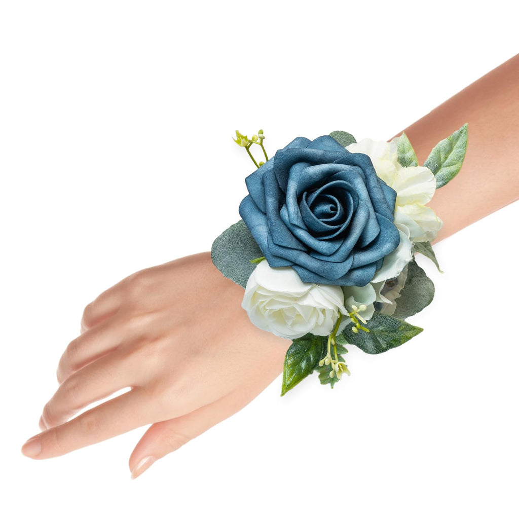 Set of 2 Wrist Corsage Wristlet for Wedding Bridesmaid Mother Grandmother for Bridal Shower Wedding Artificial Roses Flower Prom (Dusty Blue)