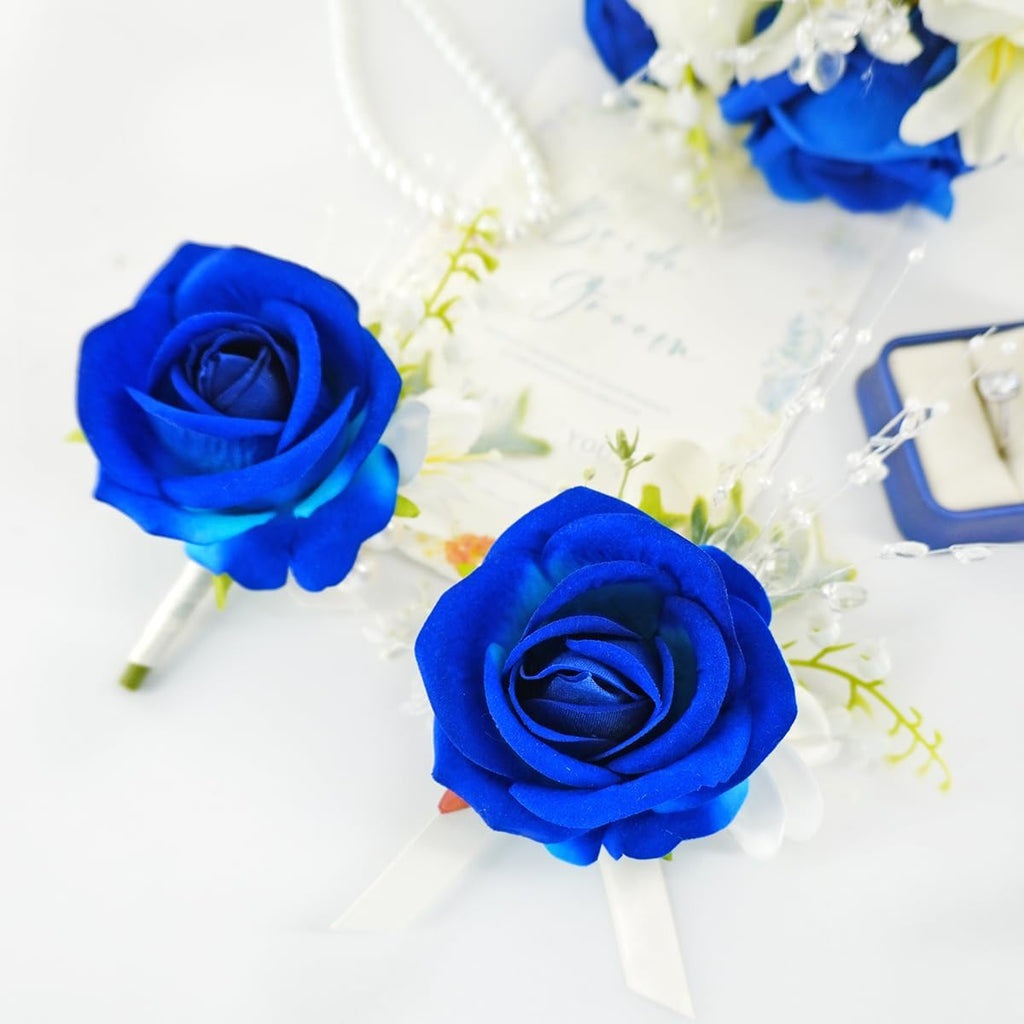 1Pc Royal Blue & White Boutonniere for Men Wedding Prom Suit Flower