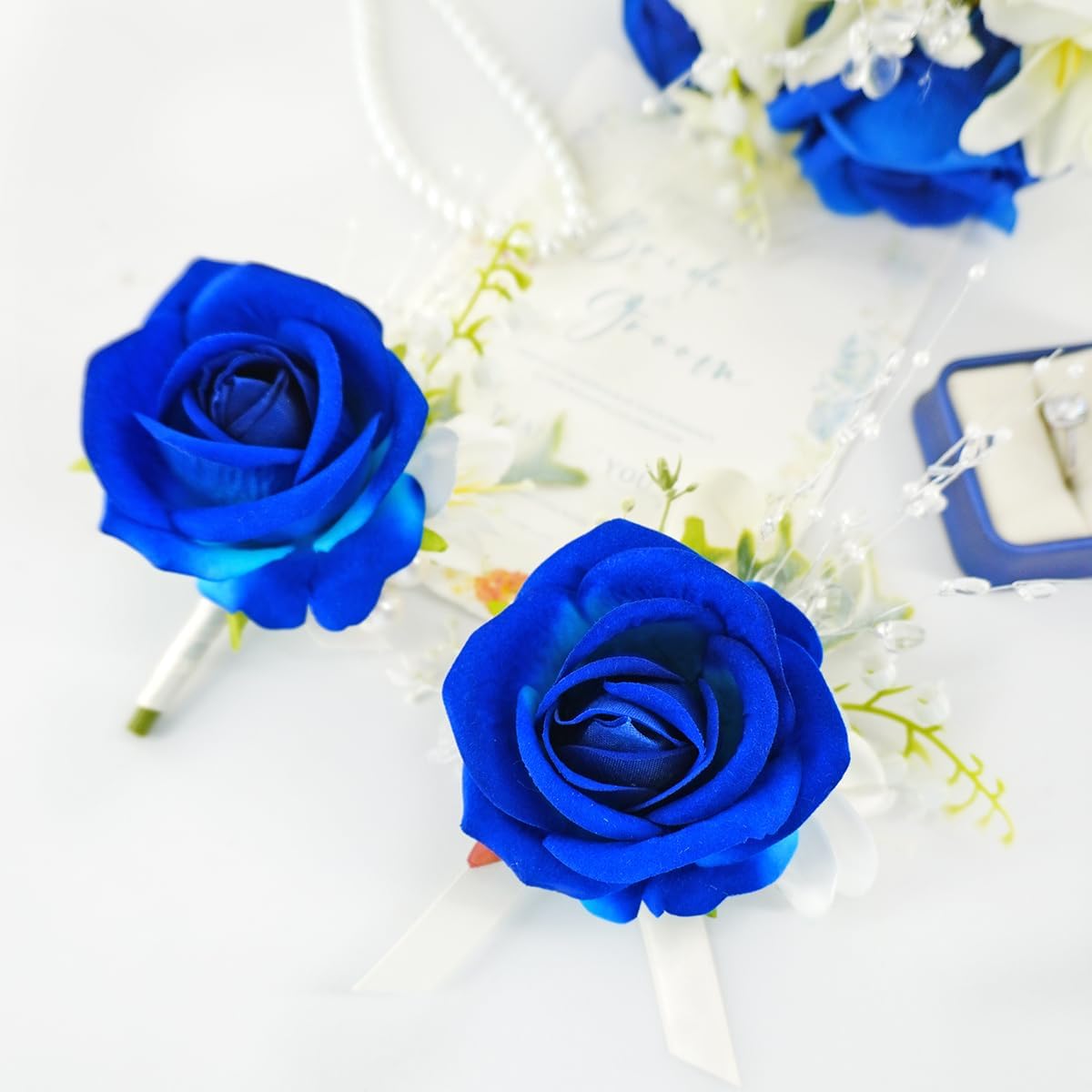 1Pc Royal Blue & White Boutonniere for Men Wedding Prom Suit Flower