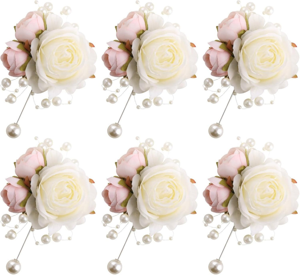 Wrist Corsages Set of 6 for Wedding Bridal Bride Bridesmaid Artificial Hand Flower Corsage Wristlet Band Homecoming Graduation Prom Party Ivory and Pink
